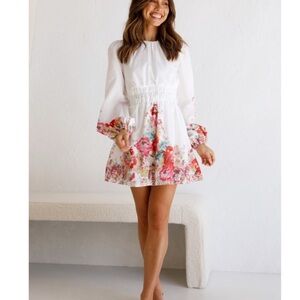 White Floral Long Sleeve Mini Dress